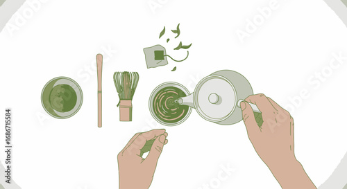 tranquil matcha moment a serene tea ceremony, mindful preparation, green tea bliss, isolated on transparent background