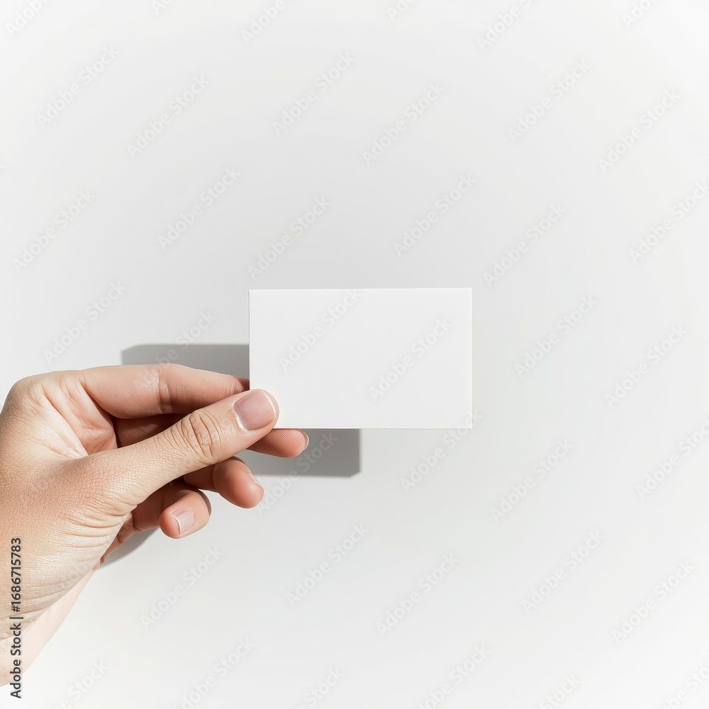 Obraz premium A hand holds a blank business card against a plain white background, showcasing a simple yet elegant design.