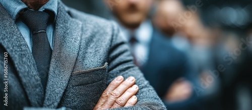 Close-up of a suited man with crossed arms, showcasing details like tie, jacket texture, and group blur