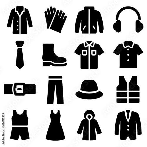 Clothing Array: A collection of monochrome clothing icons, from jacket to dress, meticulously arranged, offering a clean and versatile visual resource for diverse design applications. 