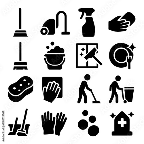 Cleaning Essentials: A vector set of cleaning-related icons, perfect for illustrating cleaning supplies, tasks, and services. 