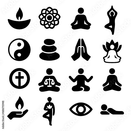Serene Meditative Icon: A collection of tranquil icons representing diverse spiritual practices, ideal for projects emphasizing inner peace, balance, and holistic well-being.