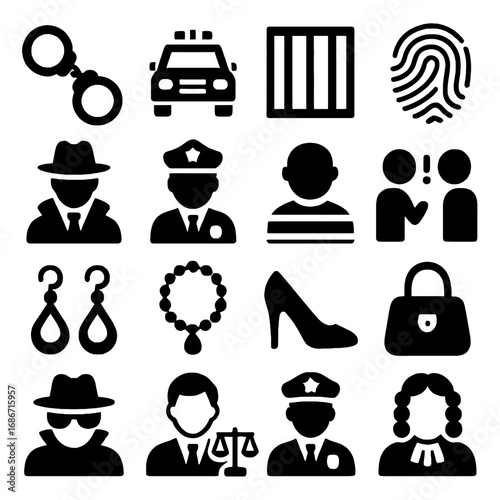 Black and White Icons about Law and Justice: An array of black and white icons visually narrating various facets of crime, law enforcement, evidence, and justice.