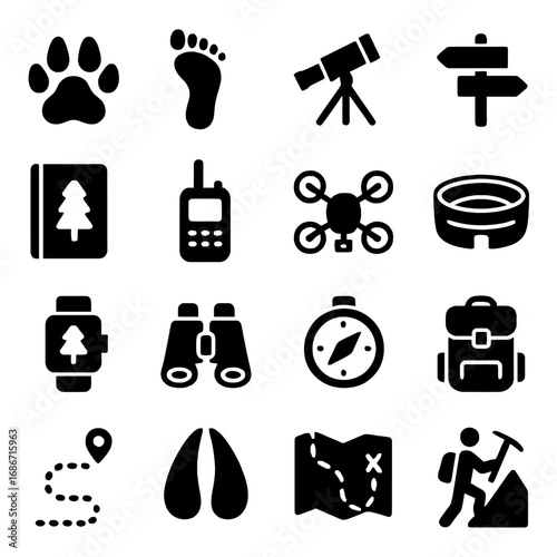 Outdoor Adventure Icon Set: A collection of meticulously crafted icons, each a monochrome representation of outdoor adventure essentials, is showcased on the screen.