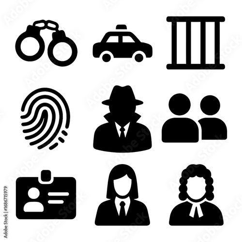 Law and Order: A visual depiction of justice and the legal system featuring key elements such as handcuffs, police car, jail, fingerprint, detective, group of people, ID card, female judge and lawyer.