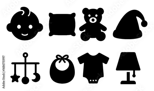 Sweet Dreams: A collection of cute, monochromatic silhouettes capturing essential baby items, from cuddly teddy bear to comfortable baby clothes