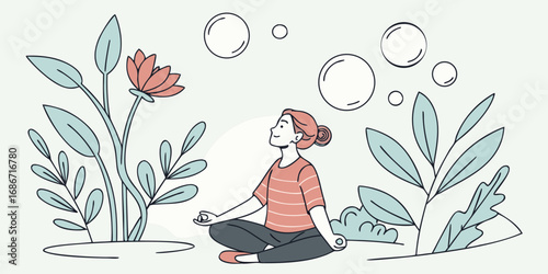 Woman meditating in a peaceful garden surrounded by plants and bubbles