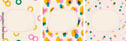 Set of card with empty space for text box. Frames for greeting cards, birthday party, picnic invitation and testimony review post. Playful decorative vector patterns