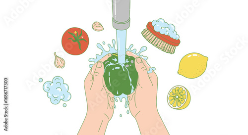 washing fresh green pepper a culinary cleanliness illustration, isolated on transparent background