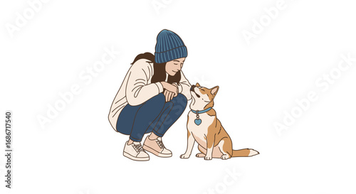 winters gentle embrace a girl and her shiba inu share a quiet moment, isolated on transparent background