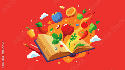 Open cookbook with fresh ingredients flying out in a vibrant illustration
