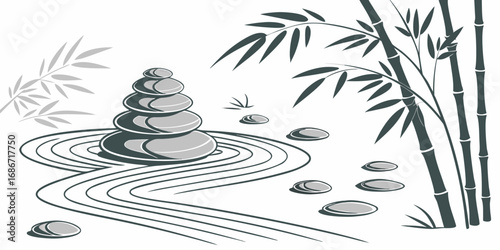 Serene Zen Garden with Stacked Stones Bamboo and Raked Sand
