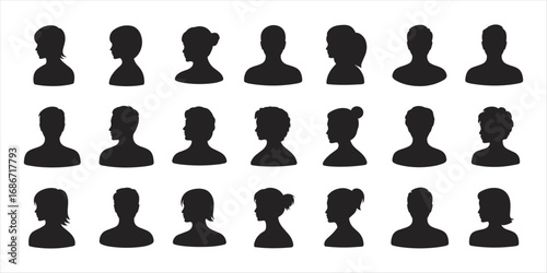 Collection of black silhouettes of diverse male and female heads and shoulders Keywords: silhouette