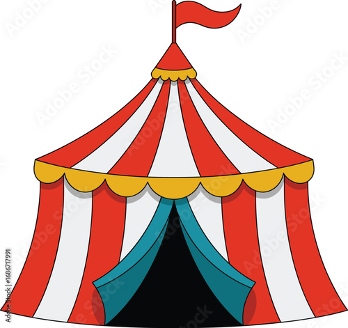 Vibrant red and white striped circus tent with blue entrance and flag