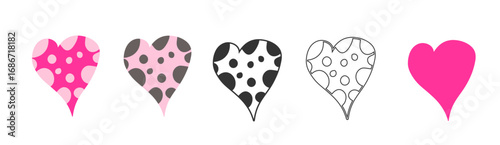 Decorative heart shapes with playful dot patterns – solid and outlined styles for Valentine’s Day cards, romantic party invites, and whimsical love-themed projects.
