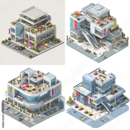 Isometric modern shopping mall buildings with glass facades, cafes, and outdoor terraces, ideal for retail, urban design, and commercial architecture projects.