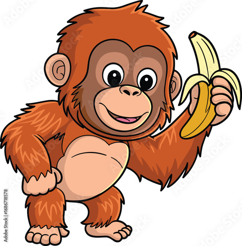 Happy baby orangutan holding banana, cute cartoon primate character, friendly wildlife vector illustration, adorable jungle animal for kids design