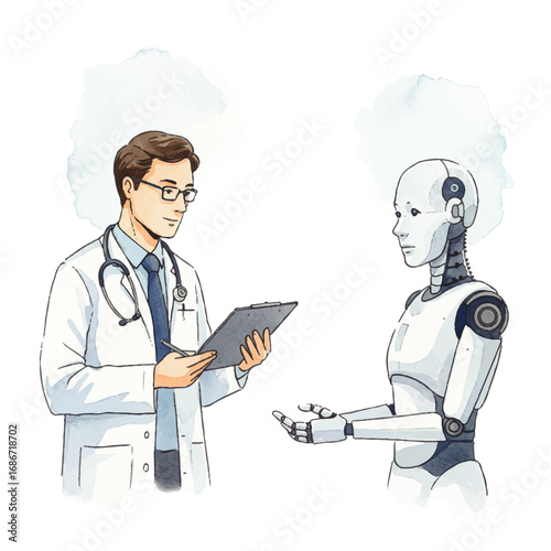 Future healthcare solutions with a doctor consulting a robot on patient care and medical innovation
