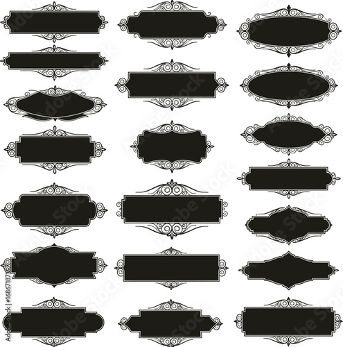 Collection of ornate black decorative frames and banners with swirls vintage