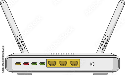 Modern wireless router with antennas and ethernet ports on a white background