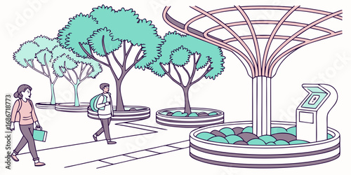 People enjoying a modern public park with trees and a unique architectural shade structure