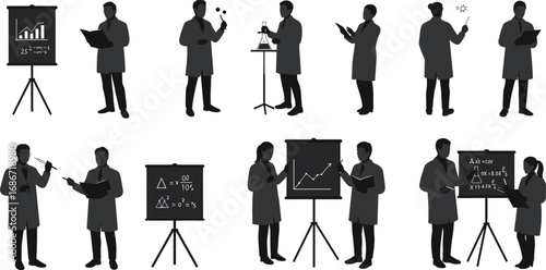 Silhouettes of scientists presenting research, discussing data charts, laboratory experiments, teamwork in science, research collaboration, scientific analysis, data presentation