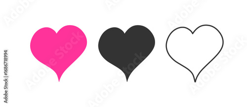 Minimalist heart icons – pink fill, black fill, and outline – perfect for Valentine’s Day greeting cards, wedding stationery, anniversaries, and romantic digital graphics.