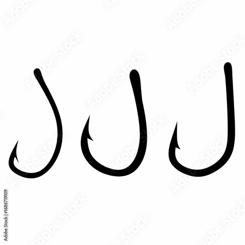 Fishing hook vector with three different shapes on a white background. Concept of a sea fish trap with bait.