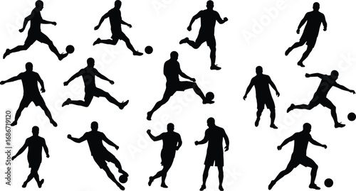 Silhouette of soccer players kicking ball, football action, sports movement, athlete running, male soccer player, soccer game, outdoor football, team sport, soccer training, active lifestyle