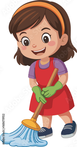 Happy cartoon girl in red dress and green gloves mopping the floor with a smile
