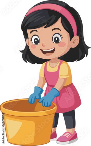 Happy cartoon girl in apron and gloves cleaning with a bucket
