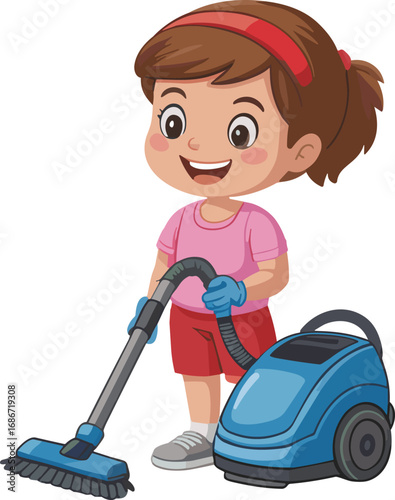 Happy cartoon girl with red headband vacuuming a floor with a blue vacuum cleaner