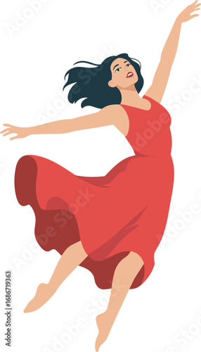 Graceful ballerina in a flowing red dress leaps dynamically in a dance performance