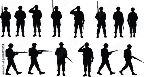 Silhouette vector of soldiers walking and saluting with rifles, military men in uniform, army personnel, combat readiness, armed forces, troop movement, defense force illustration