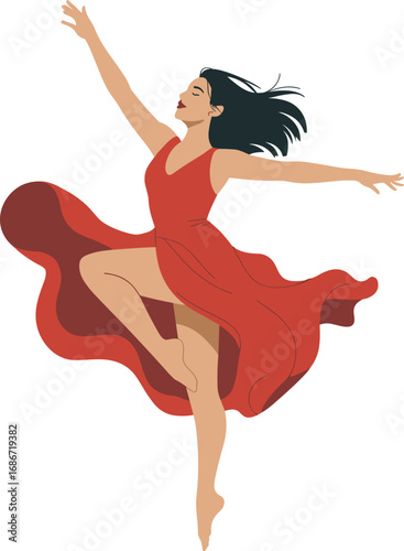 Graceful ballerina in a flowing red dress performing an elegant dance pose