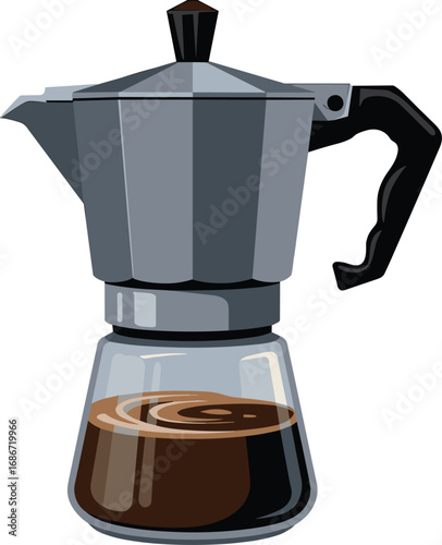 Classic moka pot coffee maker with rich dark coffee brewed inside