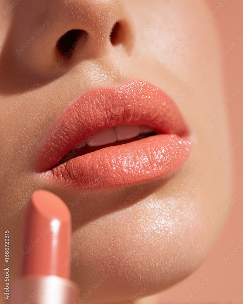 Naklejka premium Close-up of female model & elegant lips with radiant bright and vibrant color lips holding lipstick tube, professional beauty shoot for cosmetic, advertising and luxury makeup brand promotion