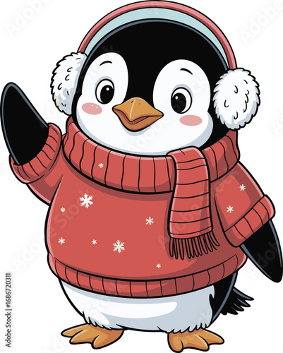 Cute cartoon penguin wearing a red sweater and earmuffs waving hello
