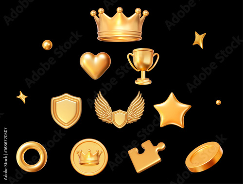 3d golden set of heart, crown, trophy cup, shield, wings, star, coin, puzzle. Stock vector illustration on black isolated background.