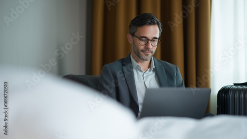 Business traveler working remotely on laptop in hotel room, focused and professional, modern lifestyle, travel, technology, productivity
