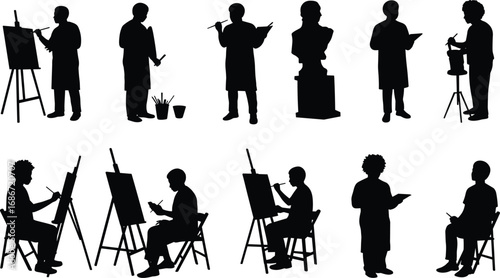 Silhouette vector of artists sketching, painting, sculpting, working at easels, sitting and standing poses, art tools, creative studio scene, drawing figures, artistic activity