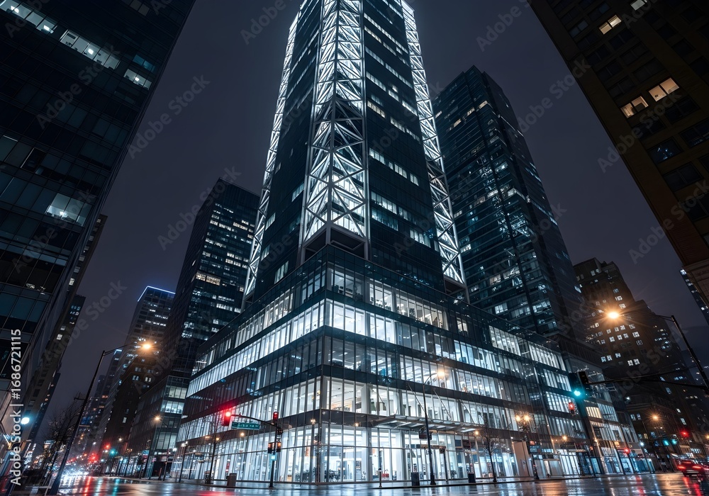 Obraz premium A city street at night with a tall skyscraper, showcasing its exposed steel framework and glowing windows, with reflections from surrounding lights.