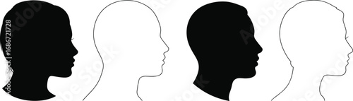 Four profile silhouettes of human heads, two black and two outline Keywords: silhouette, profile, head