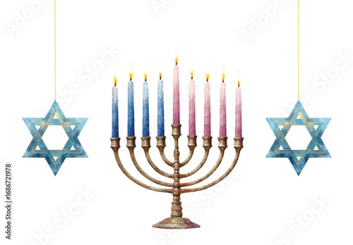 Happy Hanukkah template with watercolor elements. Hanukkah with 9 candles and stars of David hanging on a golden thread. Watercolor template for Hanukkah greeting. Vector illustration.