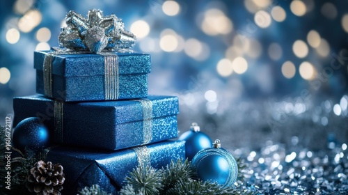 Colorful blue presents arranged beautifully with ornaments and decorations during the holiday season