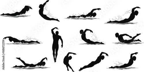 Wallpaper Mural Silhouette vector of swimmers in dynamic poses, swim strokes, freestyle, butterfly, water splash, competitive swimming, aquatic sport, athlete training, black illustration design Torontodigital.ca