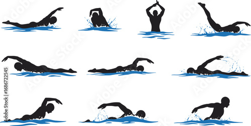 Silhouette illustrations of swimmers in action, swimming techniques, freestyle, butterfly stroke, backstroke, water sports icons, professional swim poses, aquatic sport silhouettes, vector art