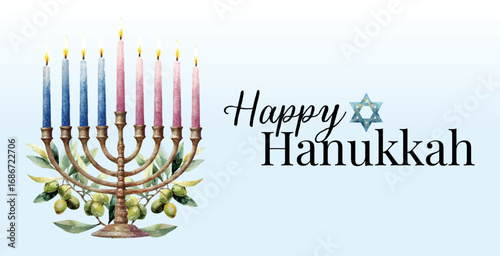 Happy Hanukkah banner in watercolor. Watercolor illustration with Hanukkah, olive and Star of David. Flyer, banner, postcard, etc. for Hanukkah and Jewish holidays. Vector illustration.