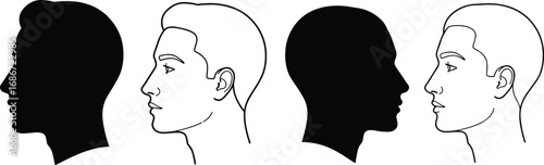 Male Head Profiles Black Silhouettes and Line Drawings Keywords: male, head, profile, silhouette, line