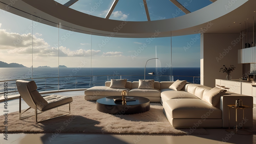 Fototapeta premium Luxury hotel room with a sea view and empty lounge chairs on a balcony